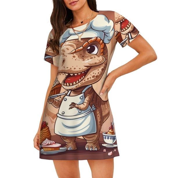 Disketp Dinosaur Baking Delight para Camisón Corto de Manga Corta para Mujeres, Camisón Cómodo con Escote Redondo, Bonito y Confortable