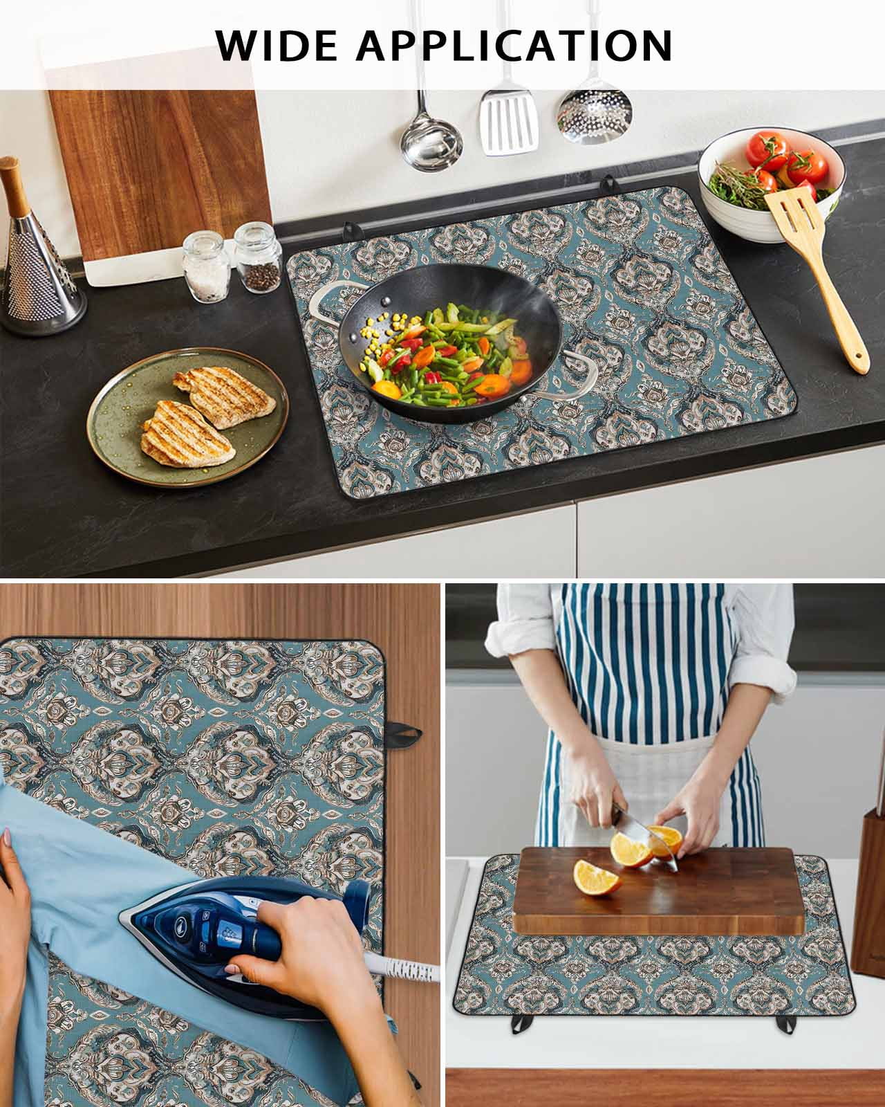 nqOlkjepod Large Induction Cooktop Protector Mat 24"x21", Boho Flower Stove Top Covers for Electric Stove, Blue Vintage Bohemian Abstract Art Stove Burner Cover Mats, Glass Top Stove Cover