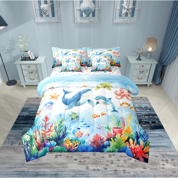 Erosebridal Cute Dolphin Bed in a Bag Twin size, Cartoon Whale Bed Set, Sea Animals Reversible Bedding Twin Size, Microfiber Room Decor, 7 Pieces