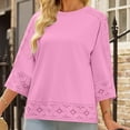 thumbnail image 2 of Timegard Hauts pour Femmes Coton Lin Col Rond Ajouré Manches 3/4 Couleur Unie T-Shirt Décontracté d'Été, 2 of 6