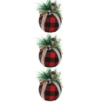 3PCS Christmas Plaid Ball Ornaments Burlap Foam 3.93'' Black & Red Buffalo Plaid Fabric Ball Ornaments with Pine Cones and Greenery, Plaid Christmas Tree Hanging Ball Ornaments Festive Decoration