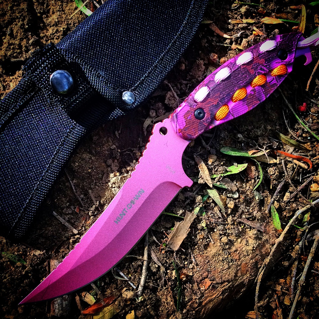 HuntDown 9" Light Pink Hunting Knife Pink & Orange Paracord with Nylon