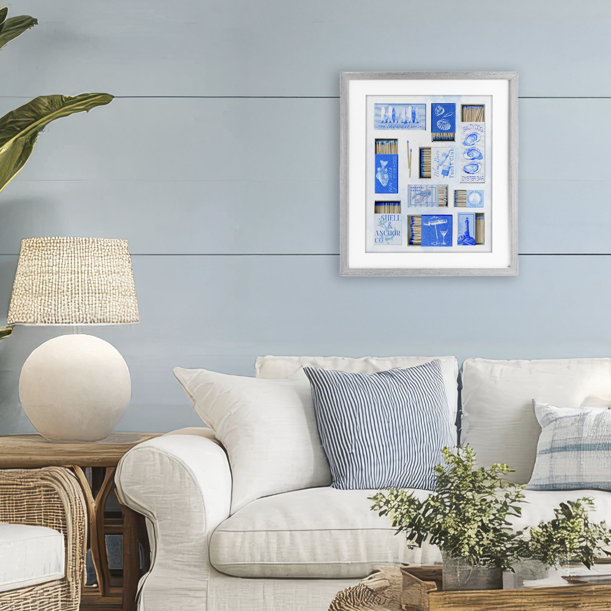 Blue Coastal Matchboxes Gray Framed Print Under Glass, design by Ziwei Li