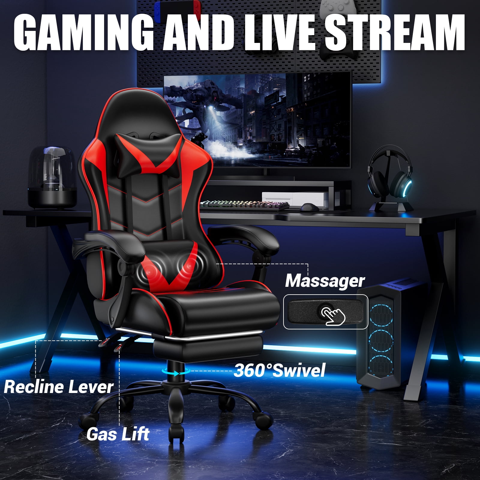 Czlolo Gaming Chair, Lumbar Massager Game Chairs, High Back Reclining, with Headrest Gamer Office Chair.(Red)