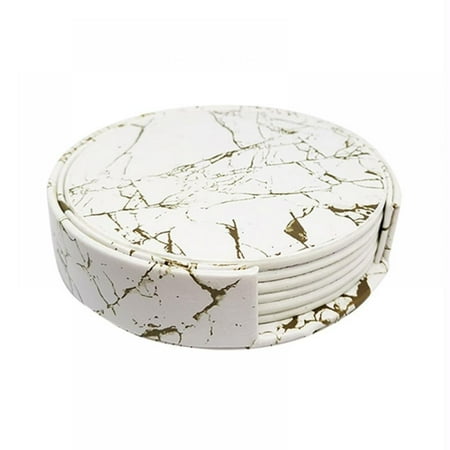 

PRAETER Leather Coasters with Holder Set of 6 Imitate Marble Coasters for Drinks Funny Housewarming Gift Round Cup Mat Pad for Home And Kitchen