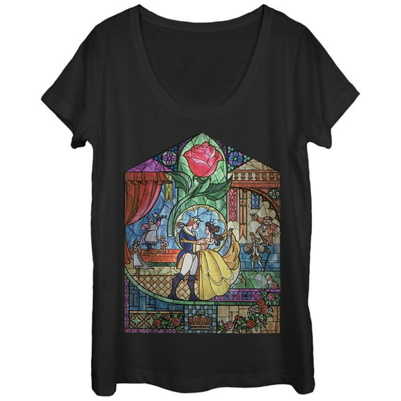 Women's Beauty and the Beast Stained Glass Scoop Neck Black Small