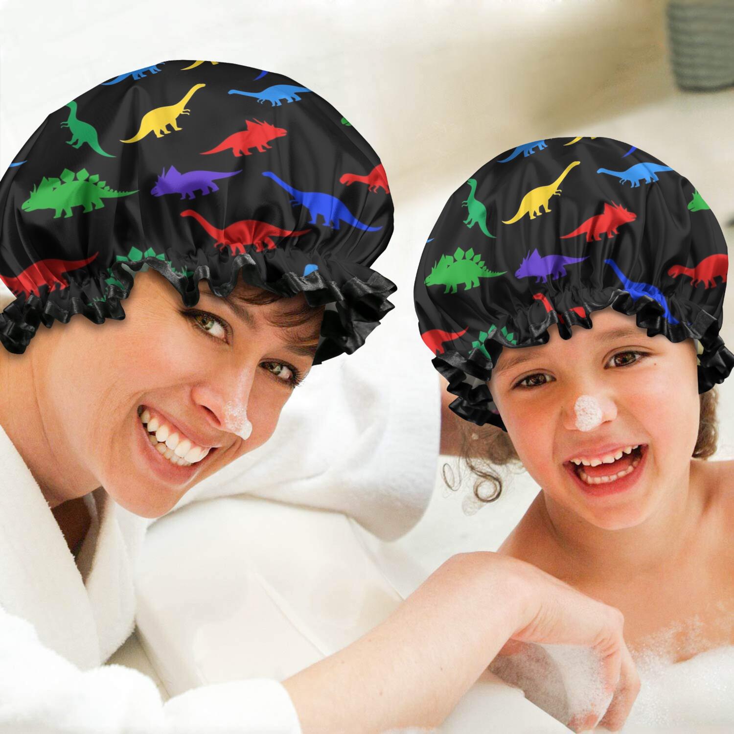 Shower Caps,Black Cartoon Dinosaurs Colorful Silhouettes Pattern Waterproof Shower Cap for Women 4 Pieces,Double Reusable Hair Cover for Shower PEVA Elastic Stretch Hem