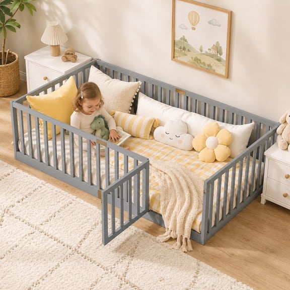 SESSLIFE Twin Montessori Floor Bed Frame with High Rails and Door, Wood Twin Floor Bed with Slats, Low Profile Kids Bed Frame for Boys Girls, No Box Spring Needed, Gray