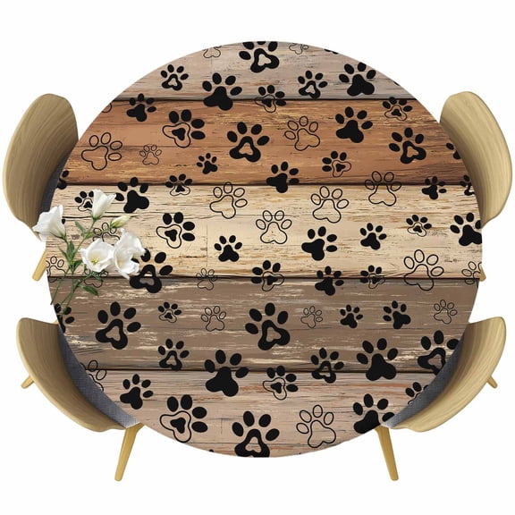 Brown Beige Round Tablecloth, Fitted Table Cover with Elastic for 45"-54" Round Tables, Rustic Farmhouse Dog Paw Vintage Table Cloth Outdoor Indoor Dinning Party Waterproof Tablecloths