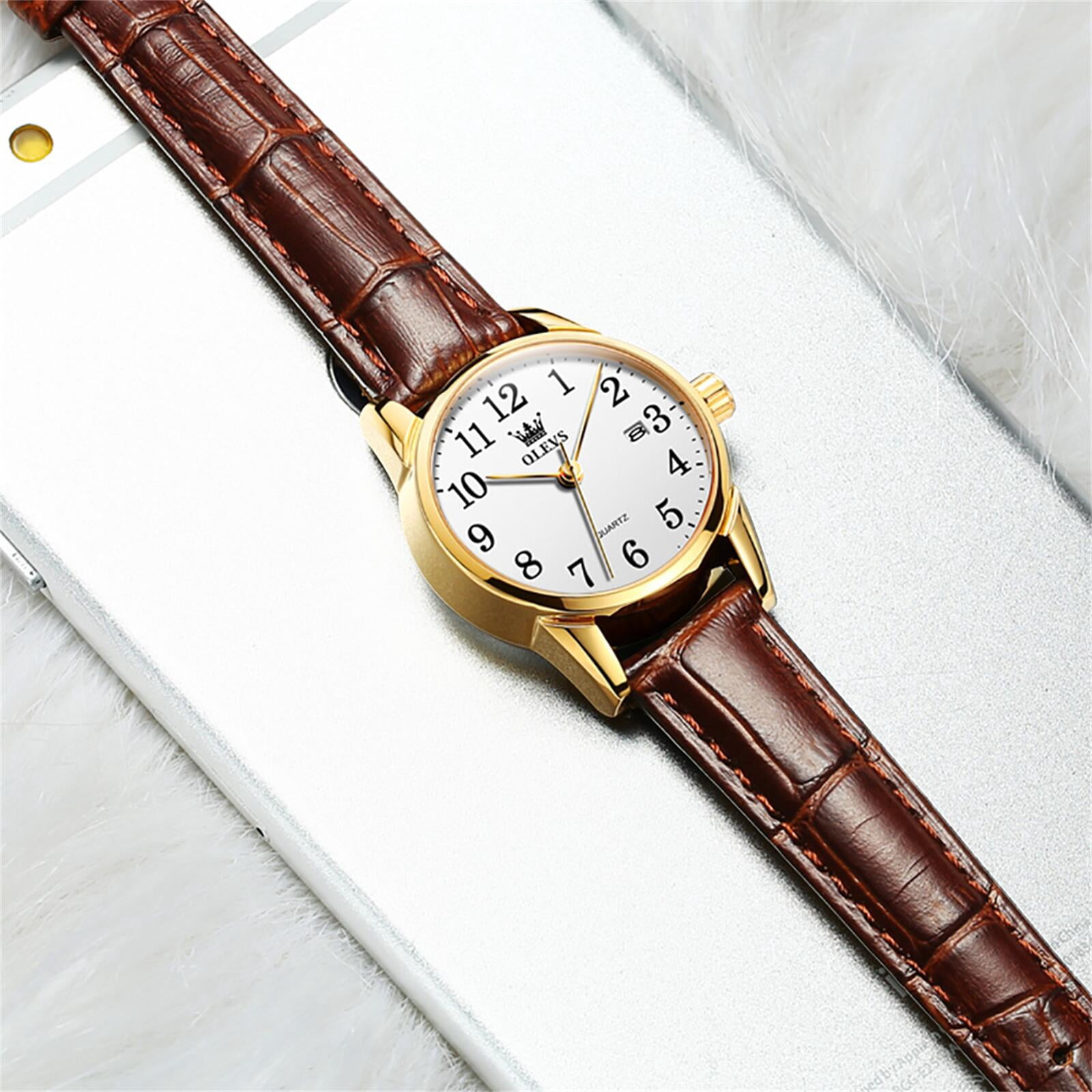 OLEVS Watches for Women Luxury Dress Analog Quartz Easy Read Digital Date Classic Luminous Brown Leather Strap Waterproof Female Wrist Watches Relojes para Mujer