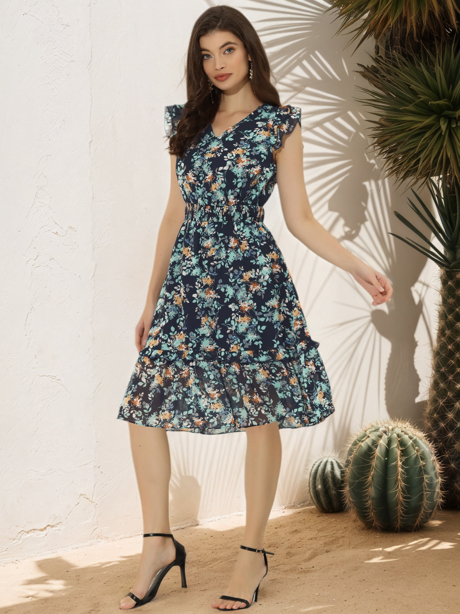 DARING DIVA Floral Flutter Sleeves V Neck Smocked Ruffle Dress L Dark Blue White