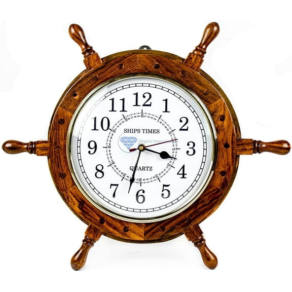 Nagina International Dark Black Heavy MDF Frame Nautically Inspired Antique Ship's Time Clock - Pirate Nurservy Home Decor (30 Inches, White Dial Face)