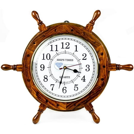 Wooden Ship Wheel Clock - White Numeric Dial - (24 Inches, White Dial Face)