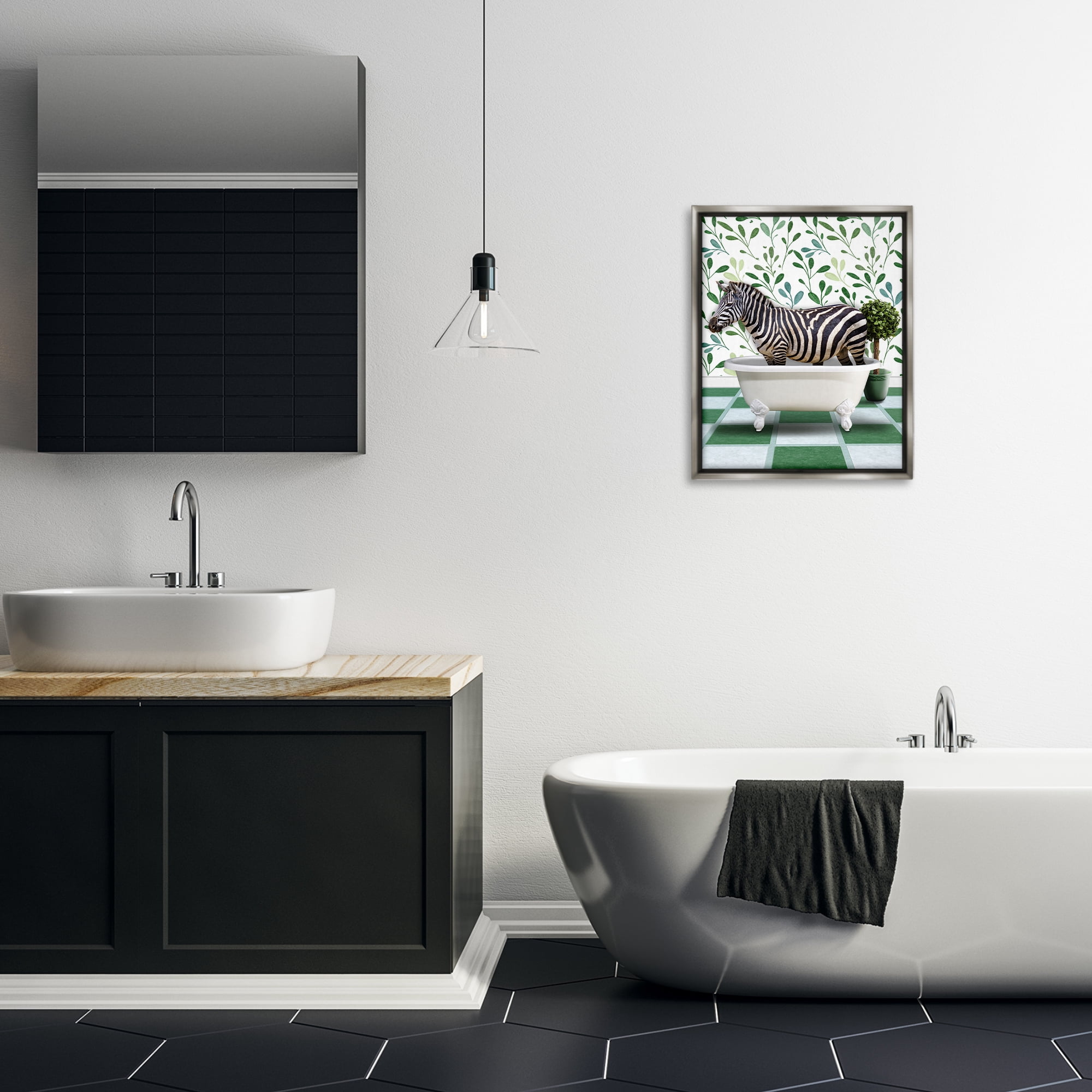 Stupell Industries Zebra in Green Bathroom Bath & Laundry Painting Gray Floater Framed Canvas Art Print Wall Art, 17 x 21