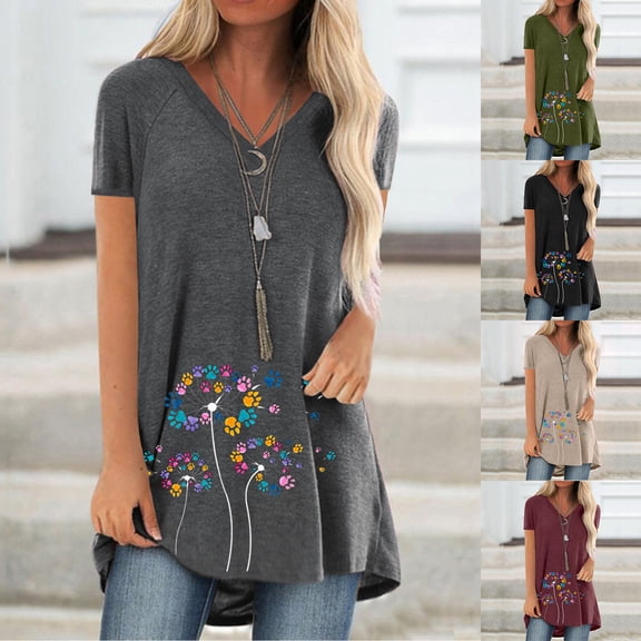 Womens T Shirts Short Sleeve V Neck Ditsy Floral Print Graphic Tee Summer Long Length Plus Size Loose Tops Black L