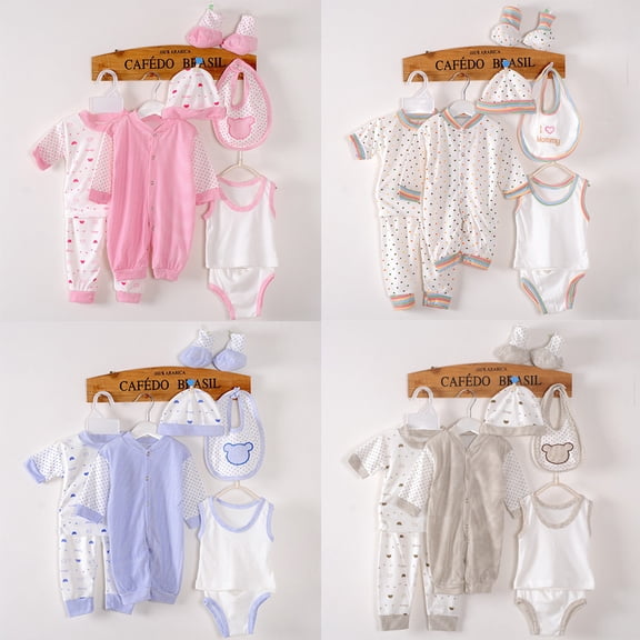hengsof 8 Pack Unisex Baby Layette Set Boy Girl Bib Rompers Short Sleeve Set Sleeveless Set Hats Shoes and Socks New Born Outfit