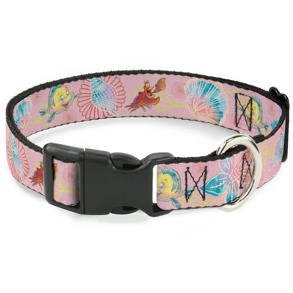 Disney Pet Collar, Dog Collar Plastic Buckle, The Little Mermaid Flounder and Sebastian Under the Sea Pinks, 7 to 8.5 Inches 0.5 Inch Wide