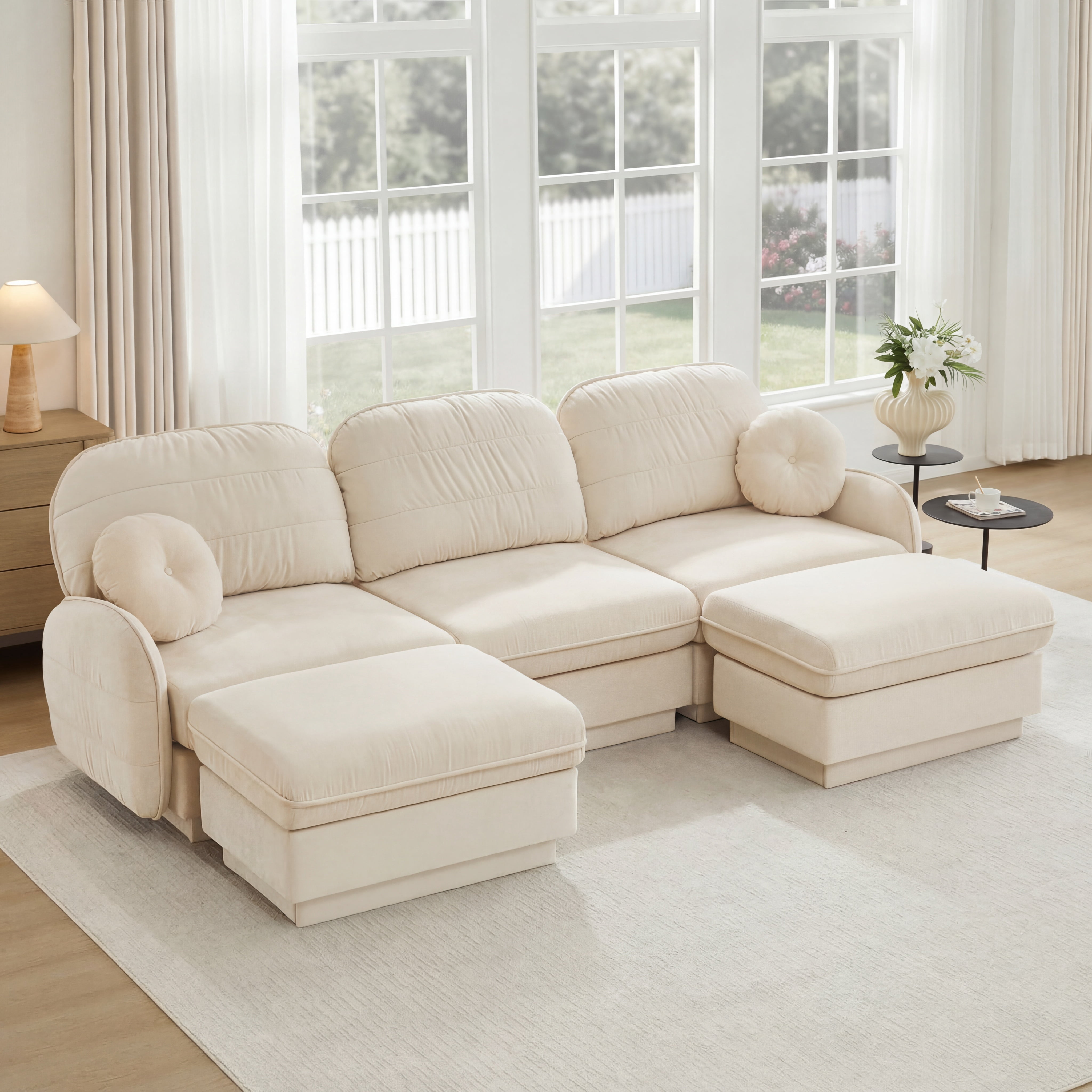 Mintazer 105" Chenille Cloud 3-Seater Modular Sectional Sofa with 2 Movable Ottoman & Round Pillows, U-Shaped Ergonomic Sofa Couch for Living Room, Apartment, Cream
