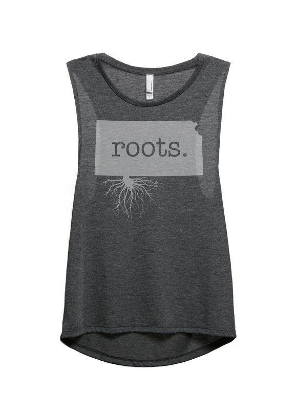 Home Roots State Kansas KS Women's Sleeveless Muscle Tank Top Charcoal Medium