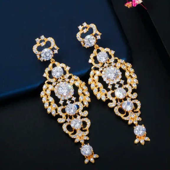 Noble Cubic Zirconia Yellow Gold Plated Long Dangle Drop Earrings Fine Jewelry