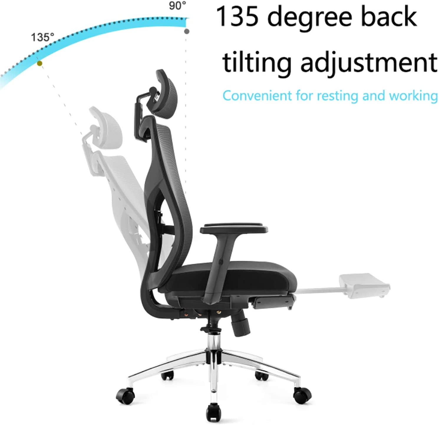 Ergonomic Office Chair, High Back Desk Chair with Adjustable Lumbar Support & Thick Seat Cushion, 135Reclining & Rocking Mesh Computer Chair with Footrest, Adjustable Headrest, Armrest (Black)