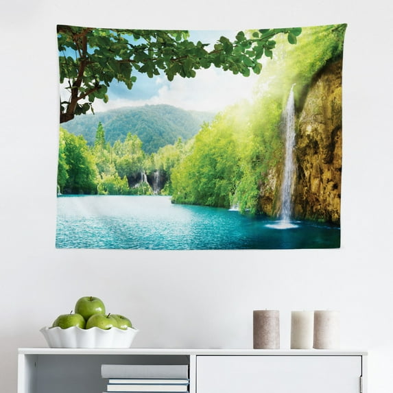Waterfall Tapestry, Water Falls into The Lake Through The Rock Stairs in The Forest Art Print, Fabric Wall Hanging Decor for Bedroom Living Room Dorm, 2 Sizes, Blue and Green, by Ambesonne