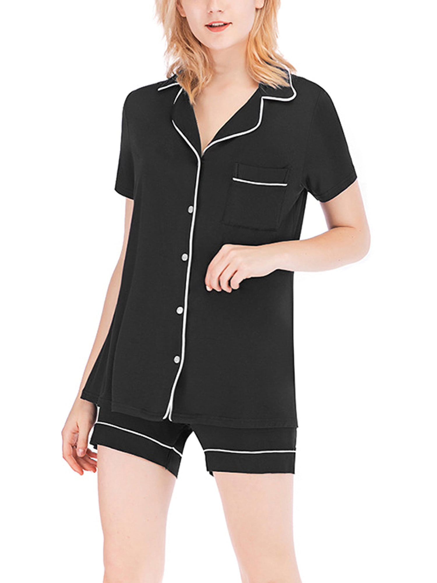 S-2XL Women's Notch Collar Short Sleeve Sleepwear Two Piece Pajama Set ...