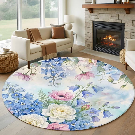 Large Round Rug 8Ft Washable Non-Slip, Blue Spring Floral Circle Area Rugs for Living Room Bedroom, Pink Flowers Elegant Botanical Farmhouse Indoor Floor Mats Carpet Runner for Home Decor