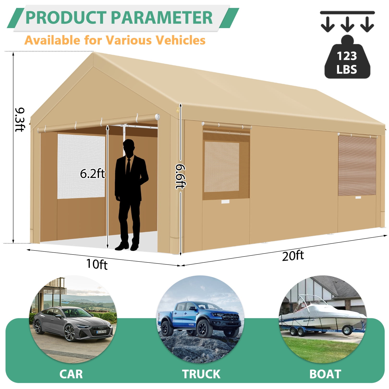 HOTEEL Carport 10'x20' Large Heavy Duty Car Canopy with Steel Frame, Portable Garage Wedding Tent Big Tents Carports Shelter, All-Season Tarp for Outdoor Party Birthday, Khaki
