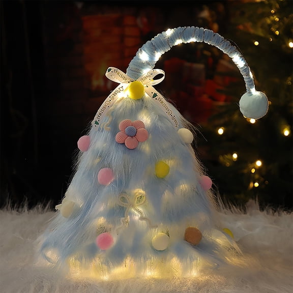 HHBEAUTY 17.7 Inch Tabletop Mini Artificial Christmas Tree, Mini Plush Crooked Top Christmas Tree, Christmas Tree With Flower, Bow and LED Decor, Christmas Home Decor, Gift for Friends, Blue