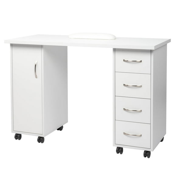 Ktaxon Manicure Table Salon Beauty Nail Desk with 4 Drawers, Lockable Wheel & Wrist Pad, White