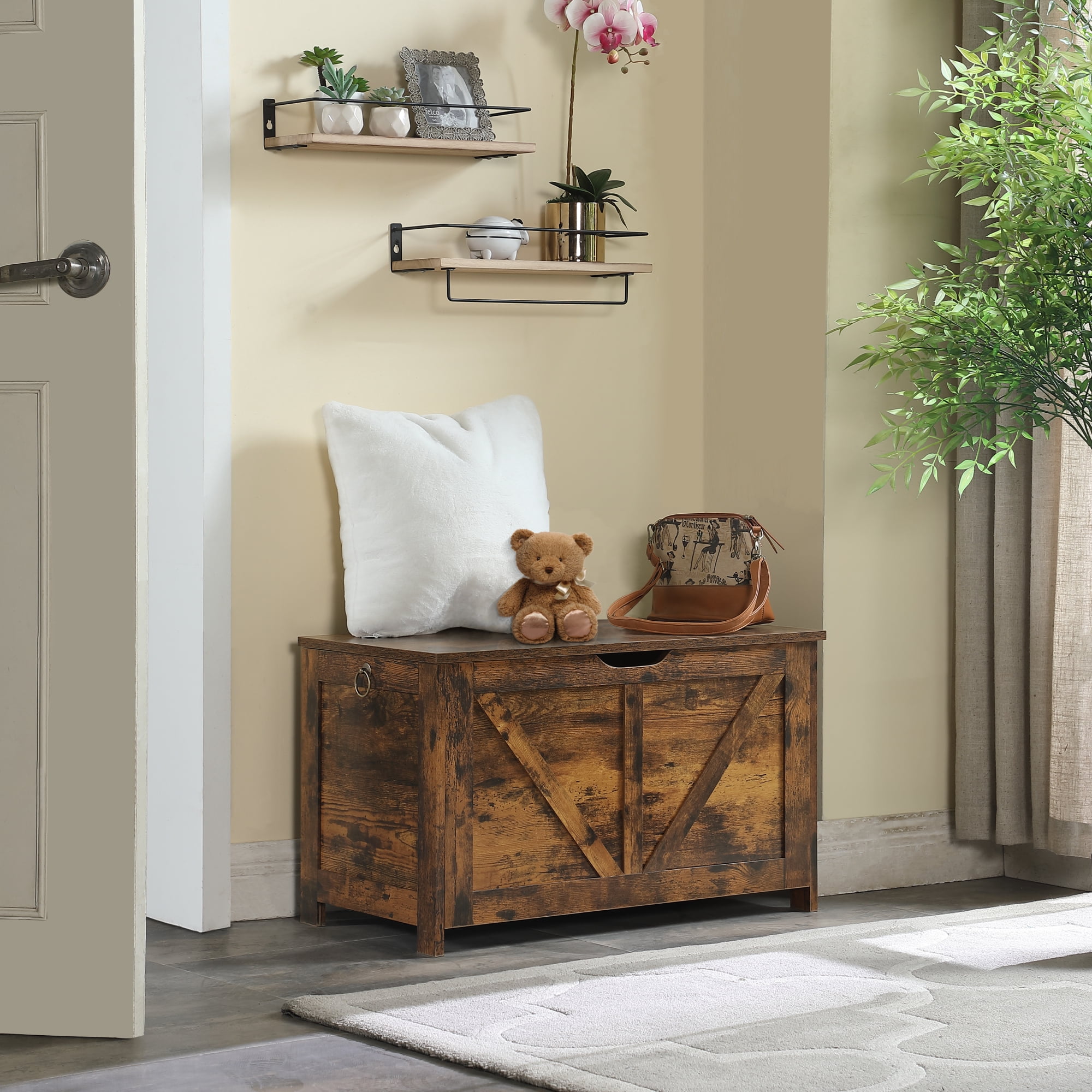29.5" Storage Ottoman Bench,Storage Chest,Wooden Toy Box Organizer,Entryway Storage Bench with Safety Hinge for Entryway, Bedroom, Living Room,Rustic Brown