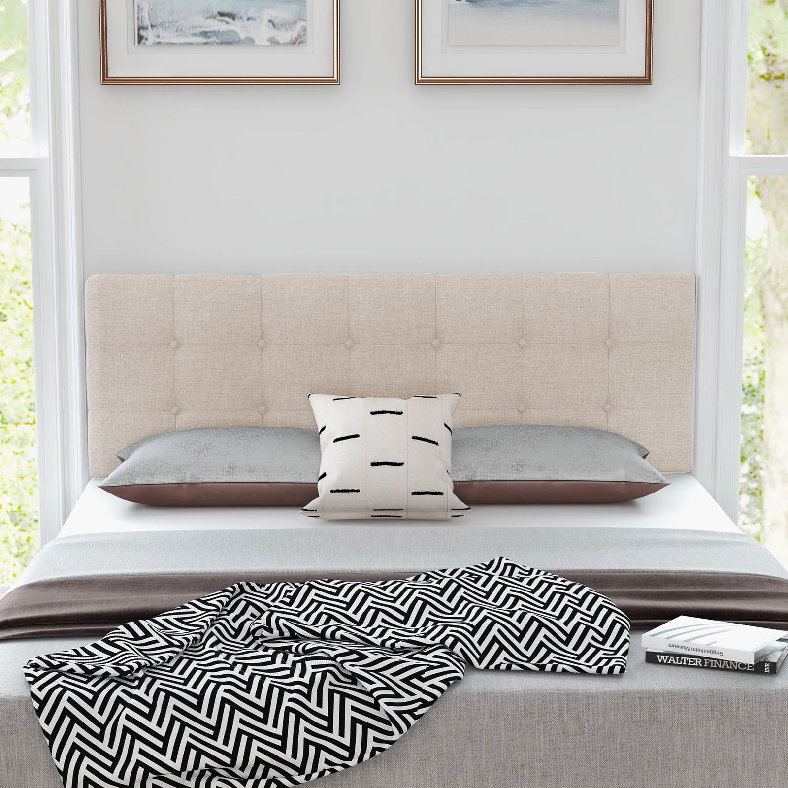 Infans Full/Queen Size Headboard Linen Fabric Upholstered Button Tufted Solid Wood Leg