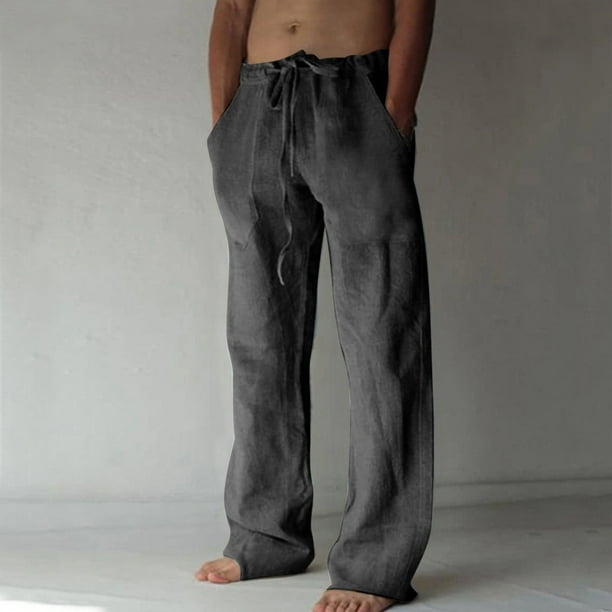 Pantalones largos para hombre, de algodón y lino, con cintura elástica, transpirables, cómodos y suaves, para playa, informales.