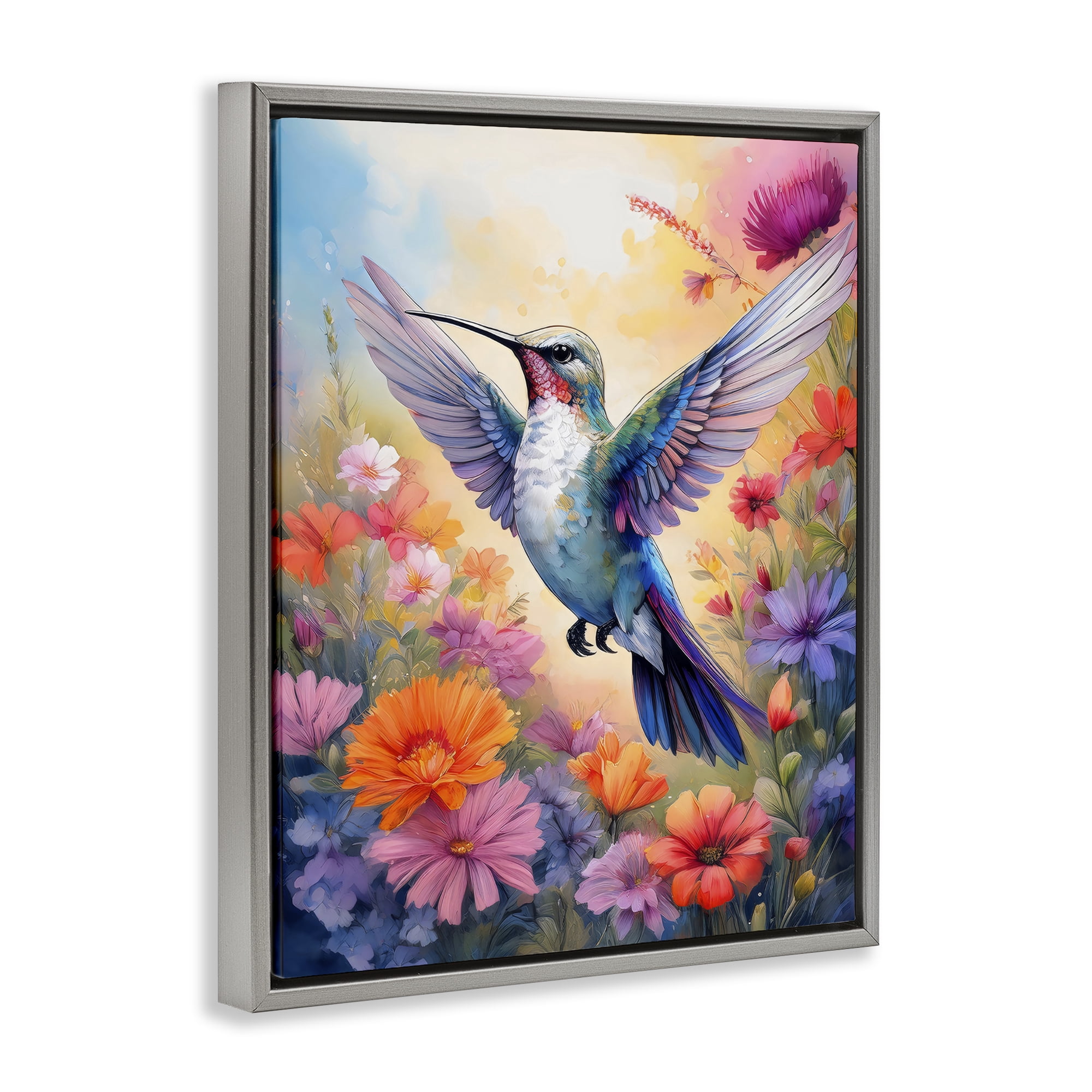 Stupell Industries Colorful Hummingbird in Bloom Gray Framed Floater Canvas Wall Art, design by Creative Studio