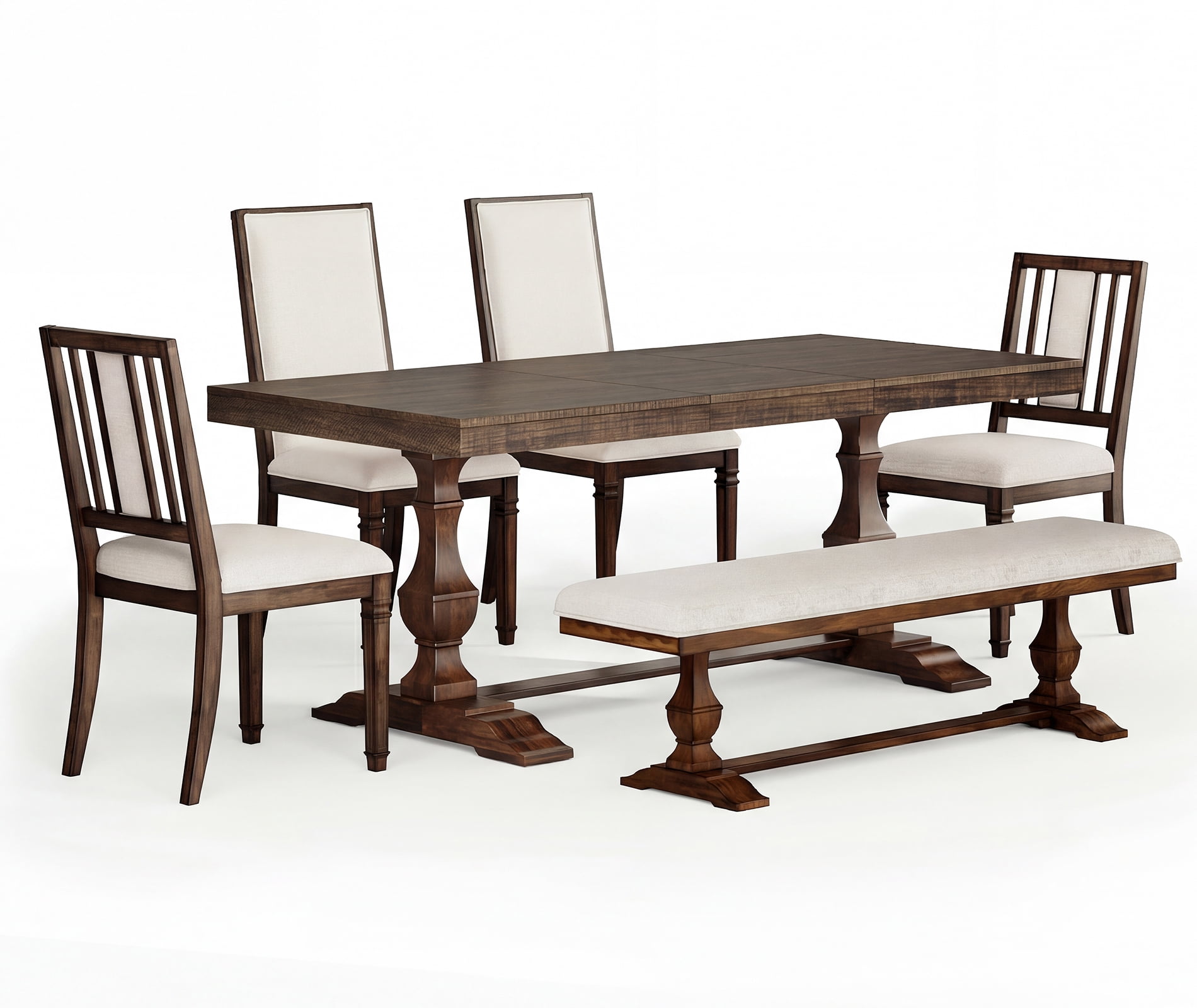 WAMPAT 6-pieces Farmhouse Dinning Table,74.8" Kitchen Table Set with 4 Chairs and Bench for 6-8, Solid Wood Legs and Cushion Seat for Kitchen & Living Room,Espresso Oak