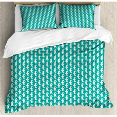 Tropical Queen Bedding Sets Seahorse Queen Size Duvet Cover Set, Simplistic Silhouette Seahorse Shapes in Repeat Tropical Aquarium Theme, Decorative 3 Piece Bedding Set with 2 Pillow Shams, Sky Blue and White, by Ambesonne ()