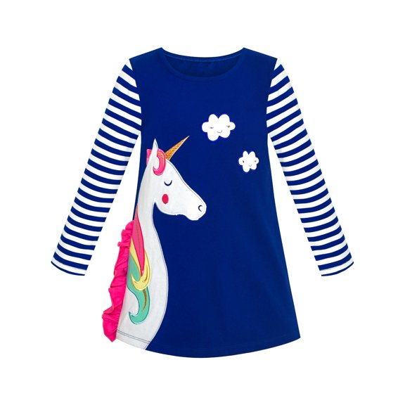 Girls Dress Cotton Long Sleeve Unicorn Embroidery Navy Blue 2 Years