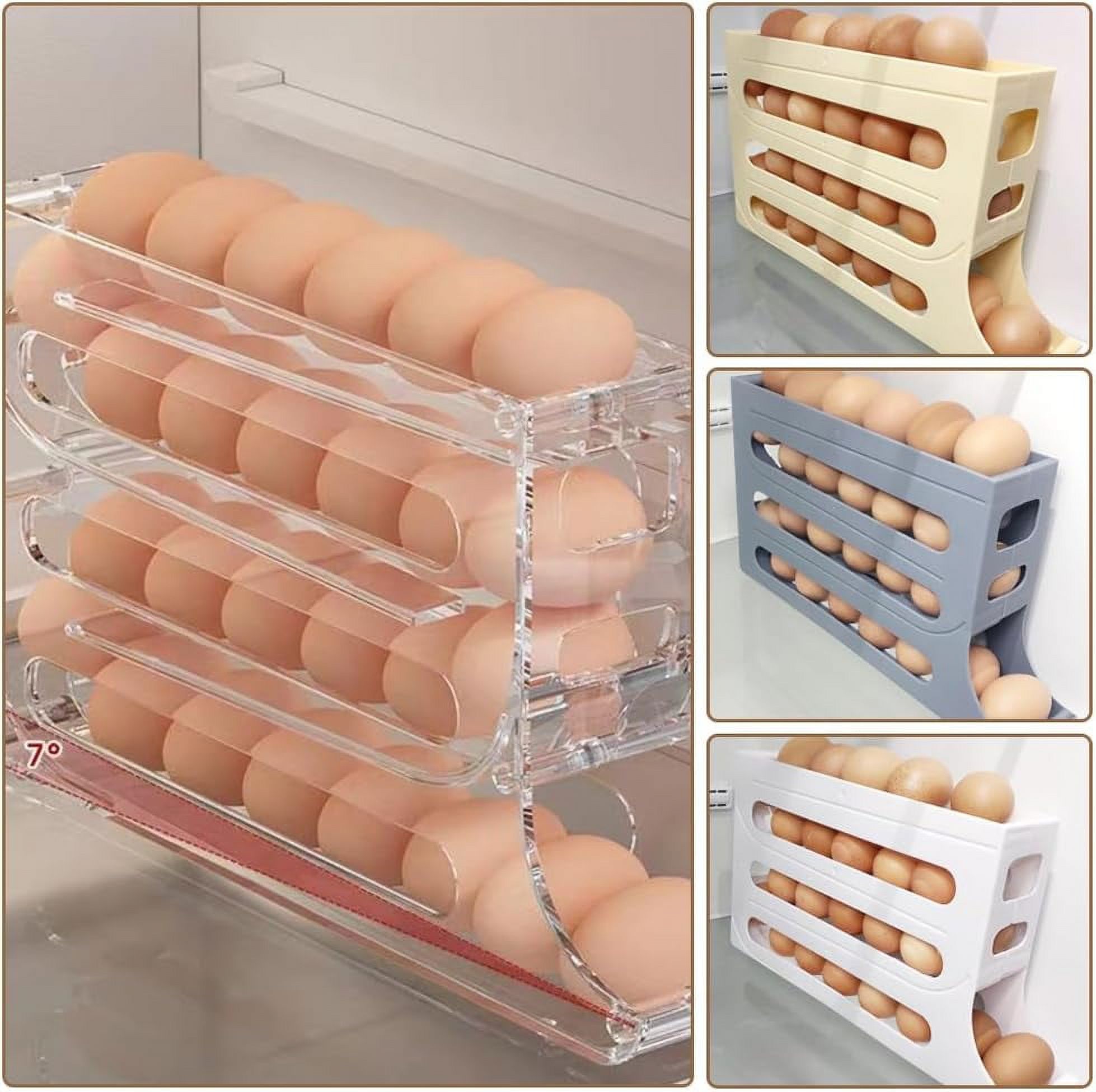4 Tiers Egg Holder for Fridge, Automatic Scrolling Egg Rack Holder, Space-Saving Egg Dispenser Auto Rolling, Large Capacity Eggs Organizer Storage 30 Egg for Fridge, Kitchen (Transparent)