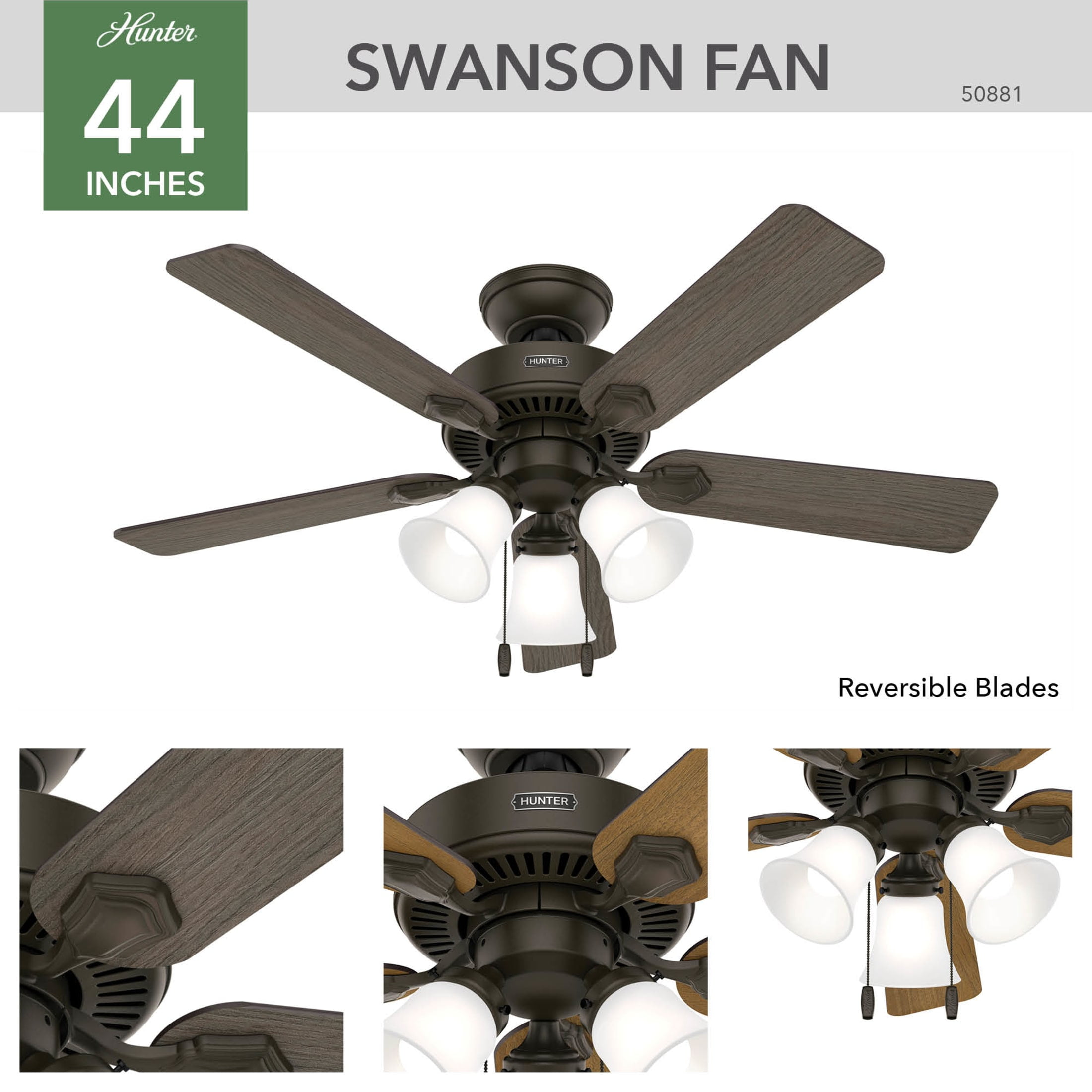 Hunter - Swanson Indoor Ceiling Fan With Light, 44-inch, New Bronze, Traditional-style, 3-speed WhisperWind Motor, 50881, for living rooms, bedrooms, home offices, kitchens