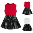 thumbnail image 4 of ZACPNCV Girl's 2 Piece Outfits Ruffle Trim Tee Top with PU Leather Belted Skirt White 1-2 Years, 4 of 4