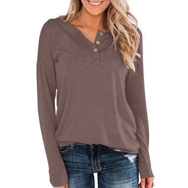 Jsaierl Women's Long Sleeve Henley Shirts Pullover with Buttons Down Casual Loose Fit V Neck Tunics Solid Color Basic Work Blouses Soft Comfy Tops