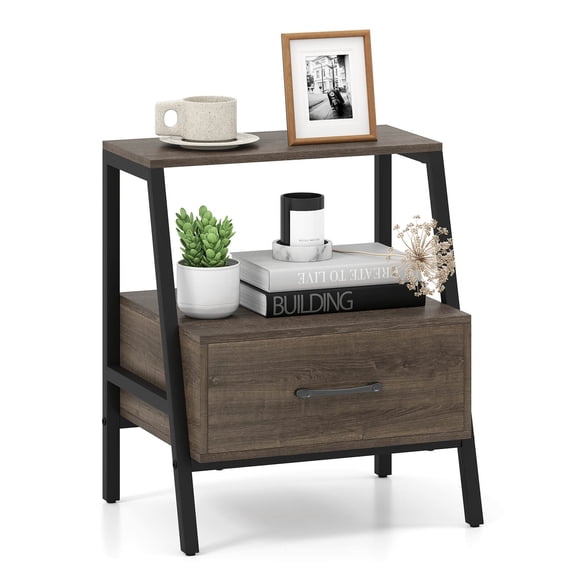 Costway 1 PCS Nightstand with Drawer Farmhouse 3-Tier Bedside Table with Open Shelf End Table