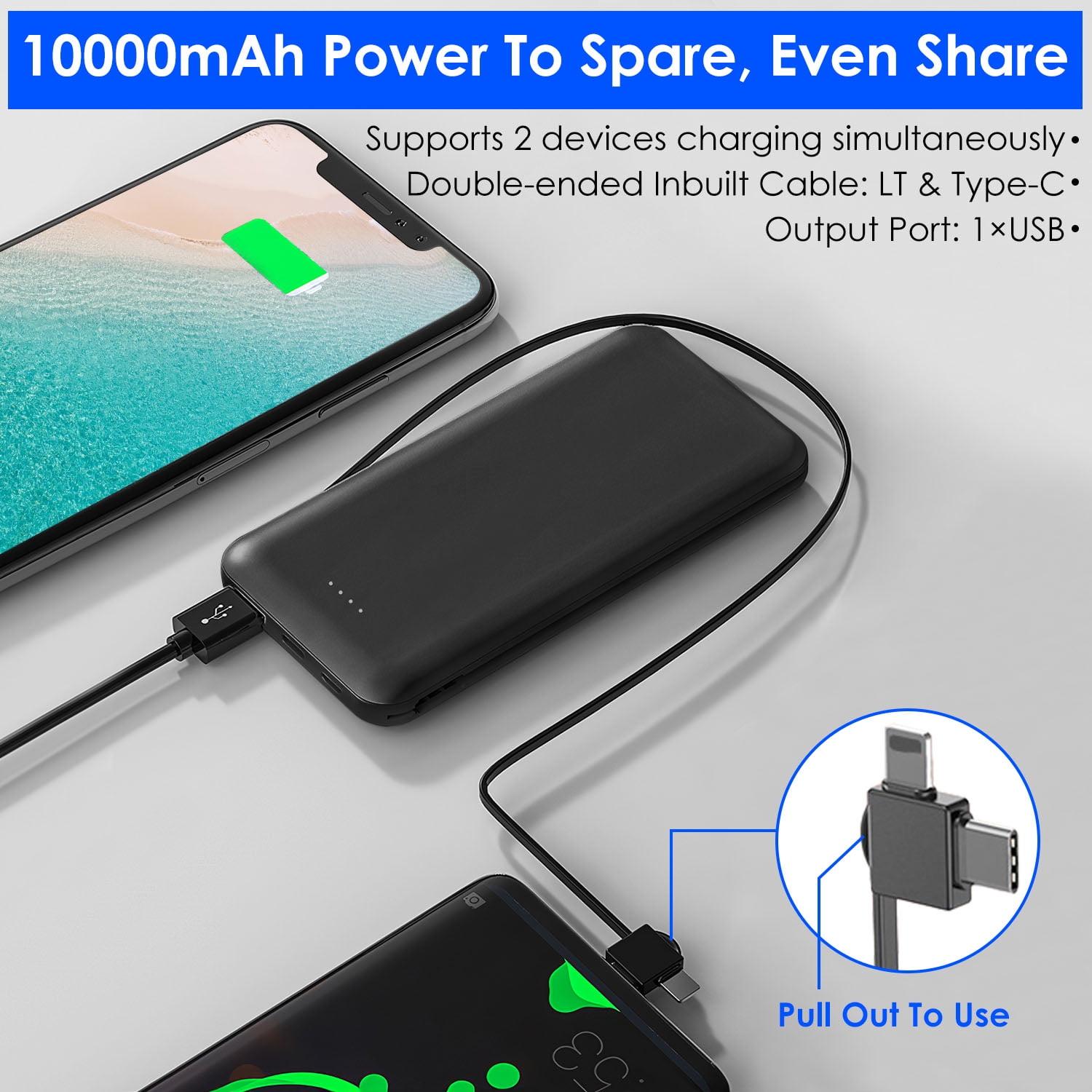 Portable 10000mAh Power Bank  External Battery Pack Phone Charger with LT Type-C Double-ended Cable Black
