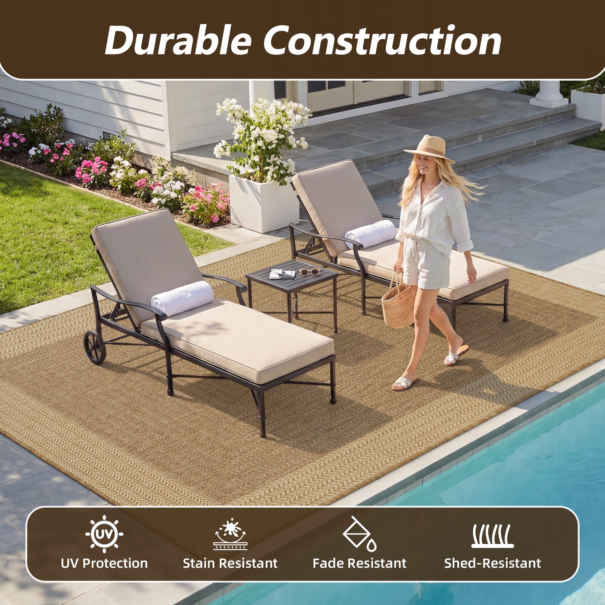 SIXHOME Outdoor Rugs 8'x10' Patio Rug Geometric Bordered Indoor Outdoor Rugs Polypropylene Washable Non Shedding, Easy Clean, Waterproof, Durable Outdoor Carpet for Porch Balcony Deck Neutral Brown