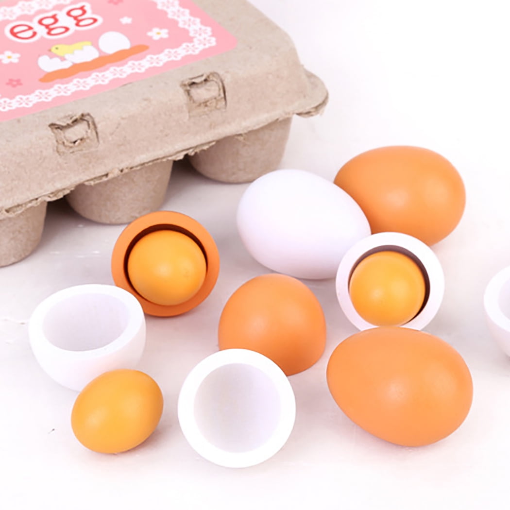 Childrens Kids Wooden Kitchen Play-Food Wood Toy Pretend Eggs 6 Pack Box Set 