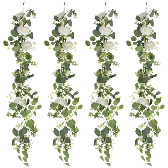 4 Pcs Artificial Eucalyptus Flower Garland, 70.8 in Floral Vines, White Roses with Multi-Layered Petals Hanging Floral Garland for Wedding Arch Backdrop, Parties, Home Décor