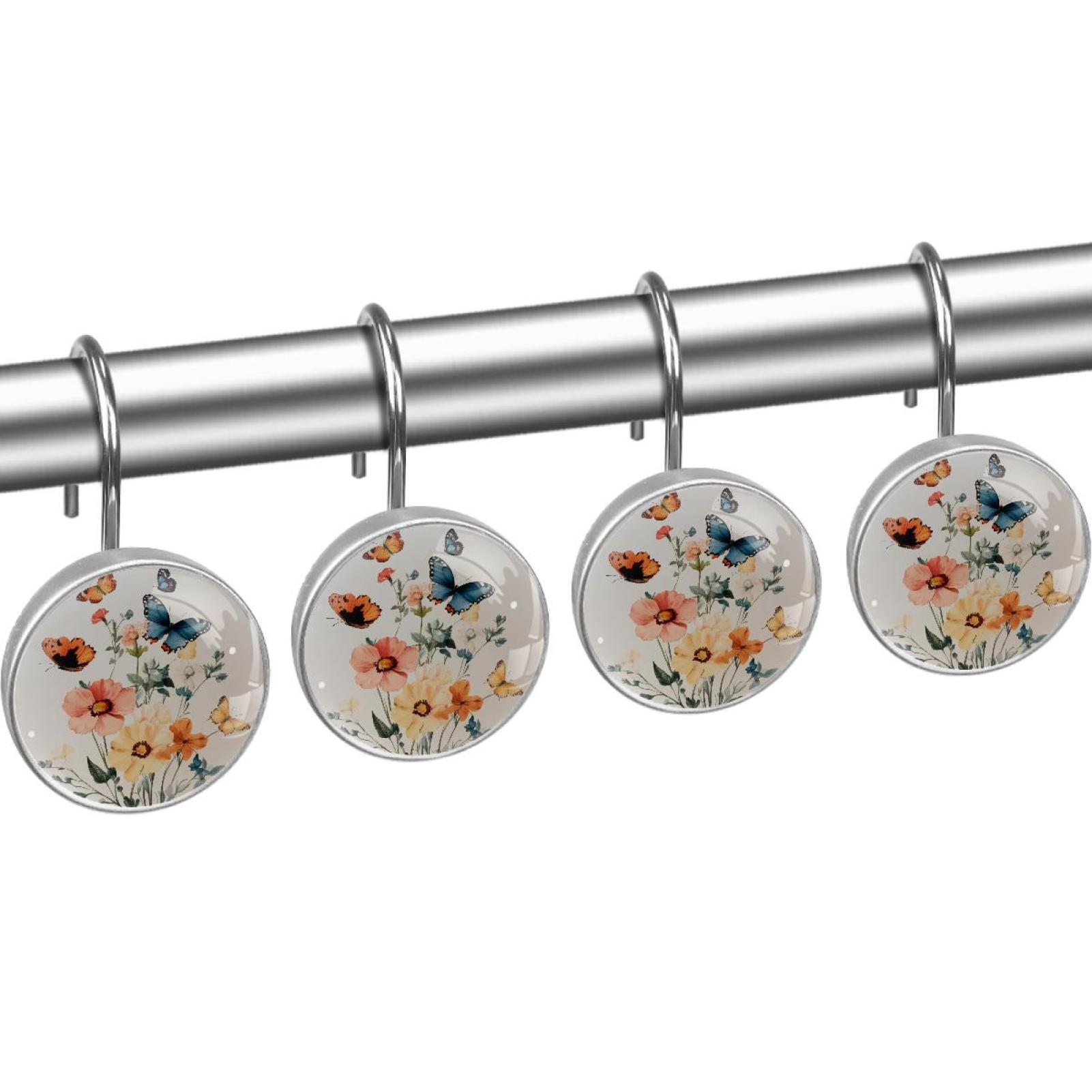 Butterfly Poppies Flowers Shower Curtain Hooks Round Crystal Glass, Set of 12 Shower Curtain Rings - Shower Hooks for Curtain Shower Rings