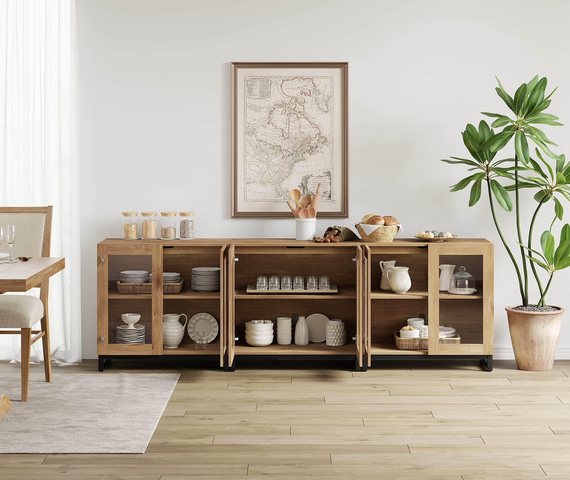 Modern Sideboard Buffet Cabinet with Glass Door & Drawer, Adjustable Shelf Credenza, Coffee Bar Storage Cabinet for Living Room & Kitchen,Oak