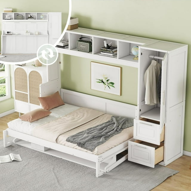 Lit Escamotable Pleine Grandeur avec Armoire de Rangement Murale, Garde-Robe et Tiroirs et Tablette Supérieure Intégrée, Lit Escamotable Dissimulé dans une Garde-Robe, Conception Gain de Place, Blanc